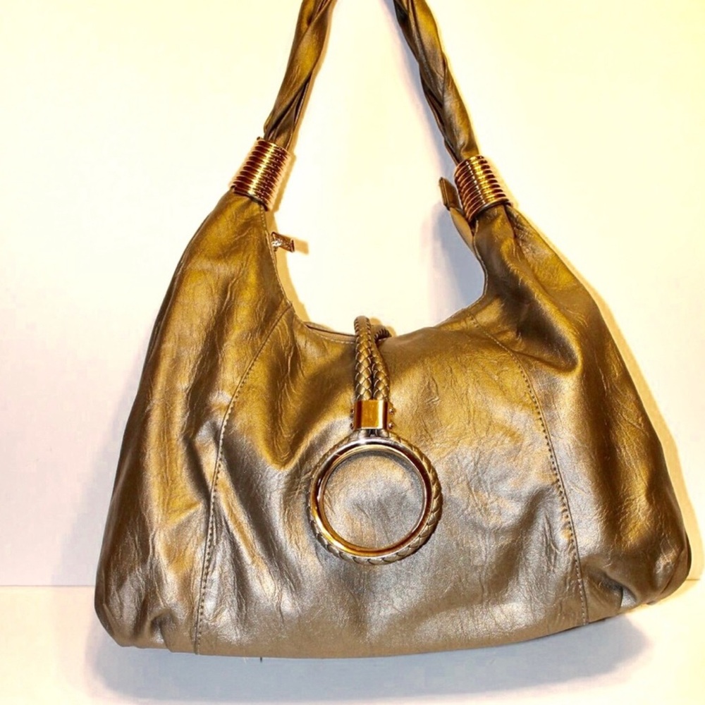 Imoshion Metallic Gold Hobo Shoulder Bag with Braided Strap & Ring Accent